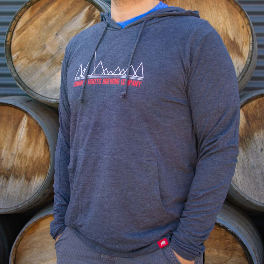 Charcoal hoodie with white and red mountain motif