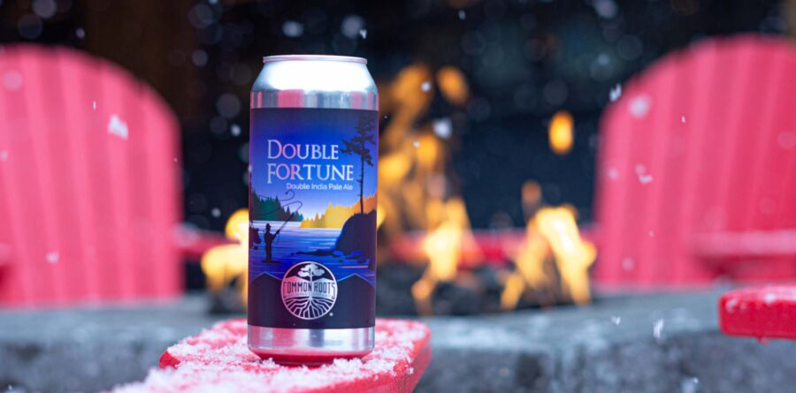 Double Fortune Beer in front of fire pit