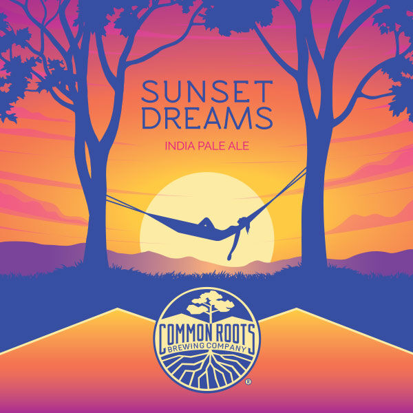 Sunset Dreams label, featuring a woman relaxing in a hammock with a beautiful sunset in the background.