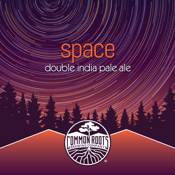 Space label, featuring treetops and star trails in the night sky.