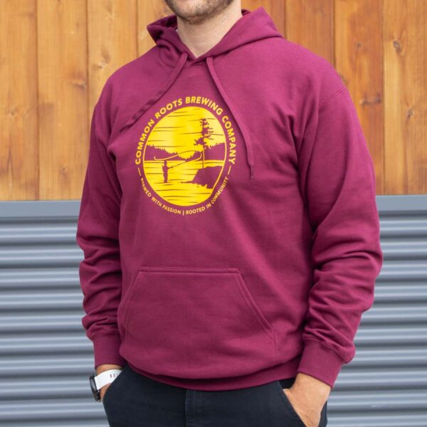 Maroon hoodie with yellow Good Fortune logo