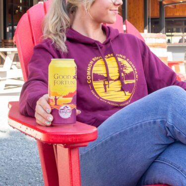 Maroon hoodie with yellow Good Fortune logo