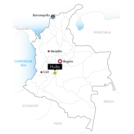 Map of Colombia showing the Huila region