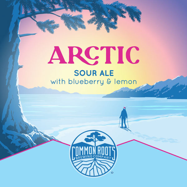 Arctic label, featuring a snowy scene with a woman snowshoer looking across a wintery lake.