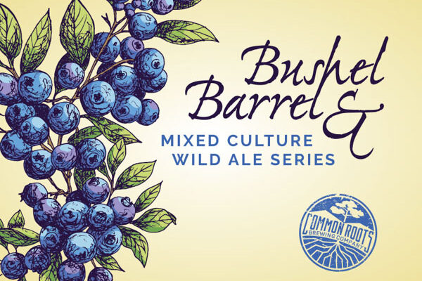 Bushel & Barrel label, featuring an illustration of blueberry plant branches.