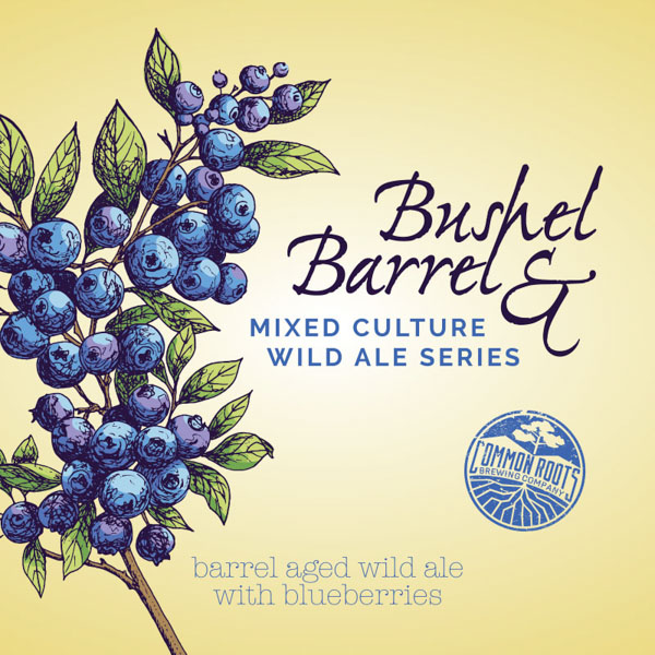 Bushel & Barrel label, featuring an illustration of blueberry plant branches.