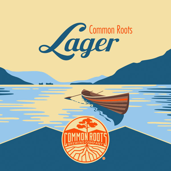 Common Roots Lager label, featuring a lake scene with an Adirondack Guide boat in the foreground.