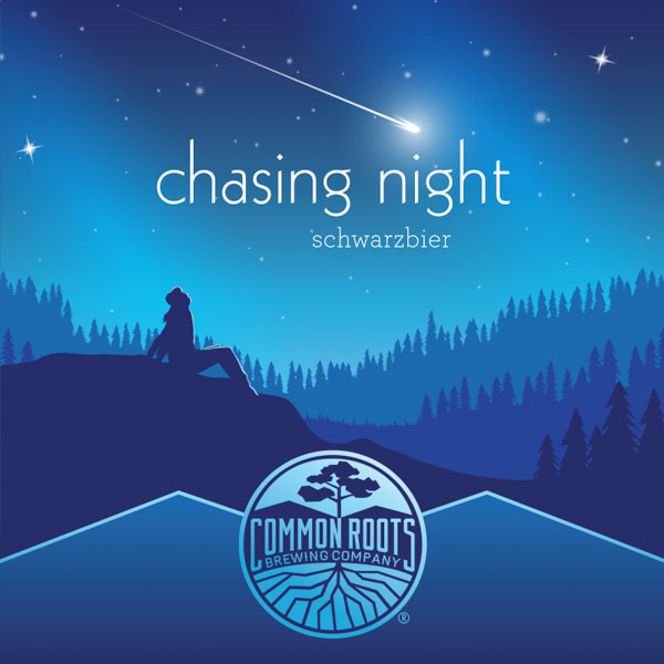 Chasing Night label, featuring the night sky with shooting stars and a woman stargazing on a hilltop.