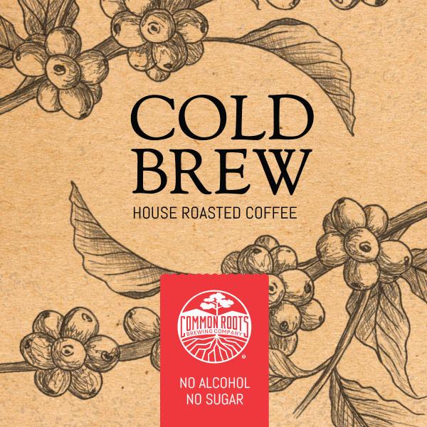 Cold Brew Coffee label, featuring an illustration of a coffee plant in the background.