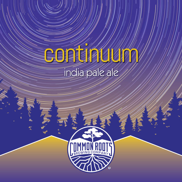 Continuum label, featuring treetops and star trails in the night sky.