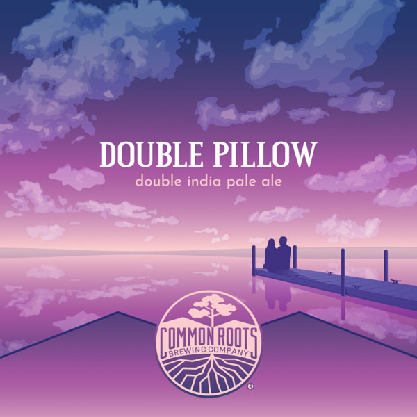 Double Pillow label, featuring big puffy clouds in a sunset sky reflected over water, with a couple sitting on the end of a boat dock together.