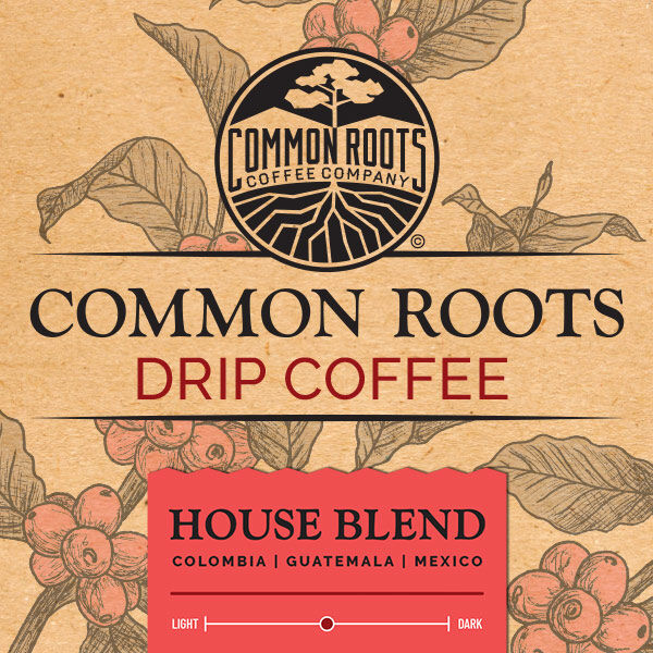 House blend coffee label, featuring an illustration of a coffee plant in the background.