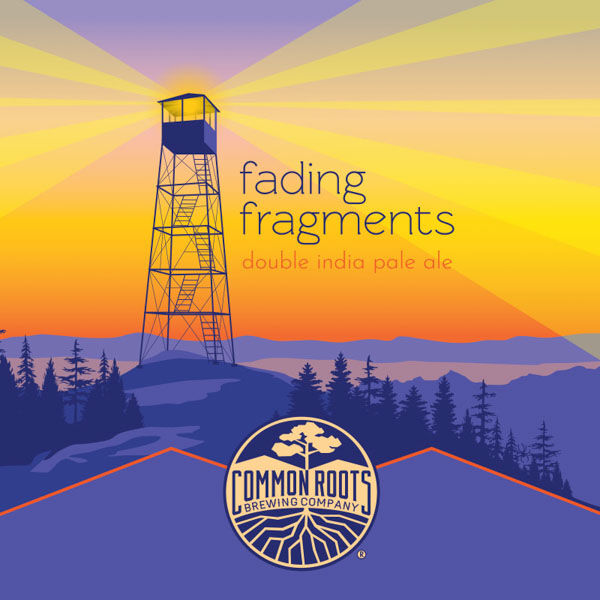 Fading Fragments label, featuring the fire tower on top of Hurricane mountain with a vibrant sunset in the background.