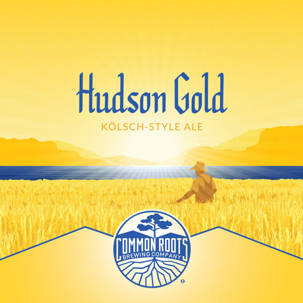 Hudson Gold label, featuring a farmer in a field of barley with the sun shining over mountains and a river in the background.