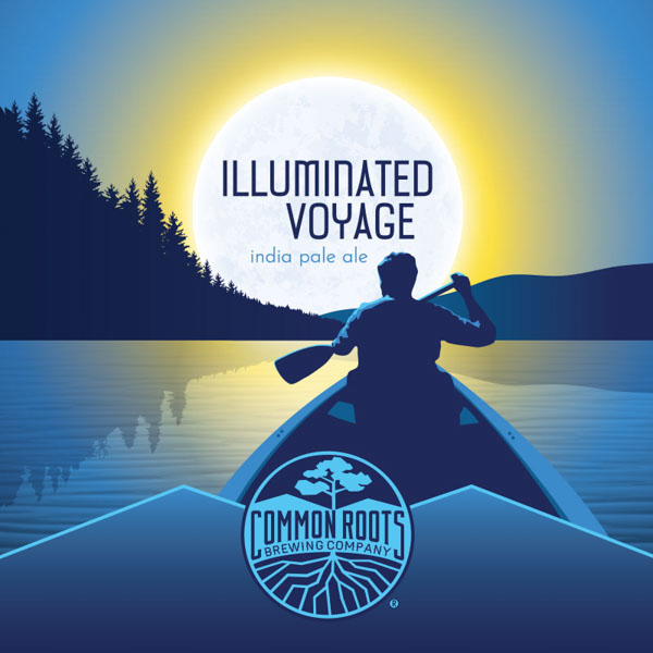 Illuminated Voyage label, featuring a man in a canoe rowing in calm water with a giant moon sinking low in the sky.