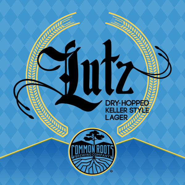 Lutz label, featuring a wheat wreath and classic Bavarian checkerboard pattern in the background.