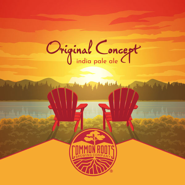 Original Concept label, featuring two adirondack chairs perched by the side of a river with a glowing sunset in the background.