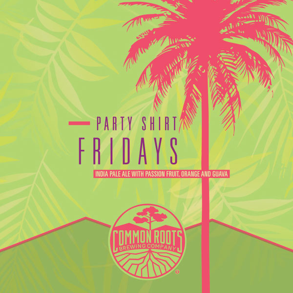 Party Shirt Fridays label, featuring a palm tree motif.