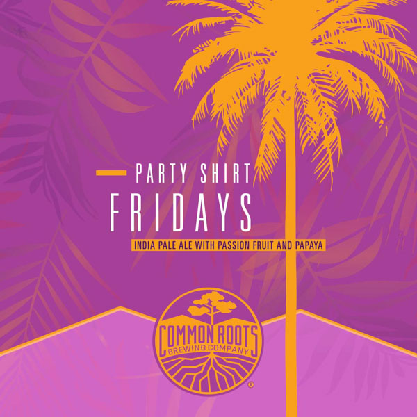 Party Shirt Fridays label, featuring a palm tree motif.