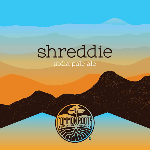 Shreddie label, featuring a modern mountain scene with abstract colorful mountains fading into the sky in the distance.