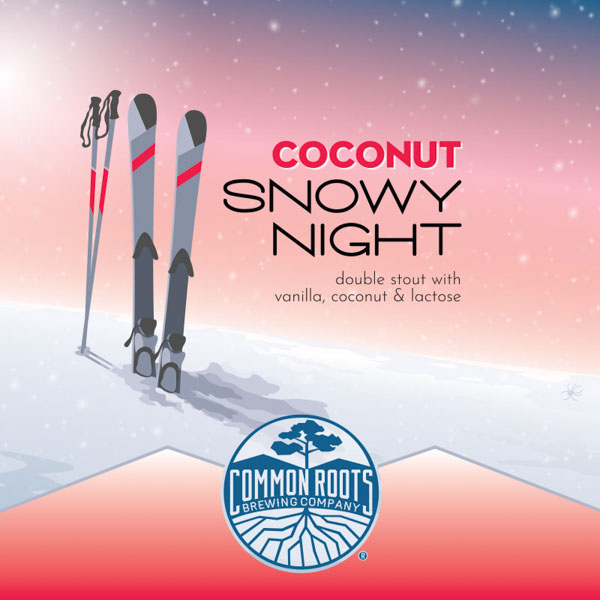 Snowy Night Coconut label, featuring a pair of skis in the snow with a snowy night sky in the background.