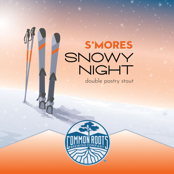 Snowy Night S'mores label, featuring a pair of skis in the snow with a snowy night sky in the background.