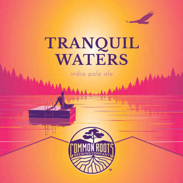 Tranquil Waters label, featuring a pink sunset scene over a lake with a man relaxing on a swim raft.