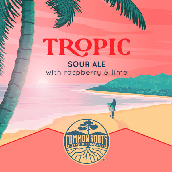 Tropic label, featuring a tropical beach scene with a surfer girl looking out toward the sunset.