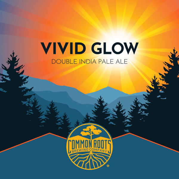 Vivid Glow label, featuring a vibrant glowing sun shining over mountains and treetops.