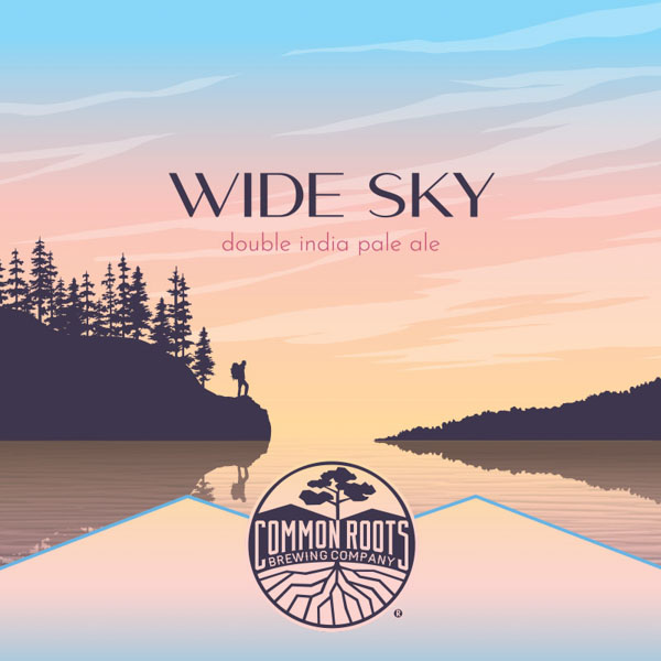 Wide Sky label, featuring a big sunrise sky over open water with a hiker in the distance.