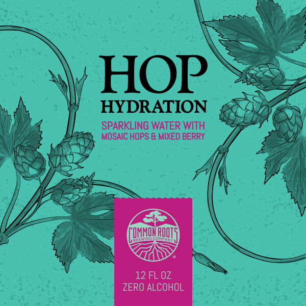 Hop Hydration label, featuring an illustration of hop bines.