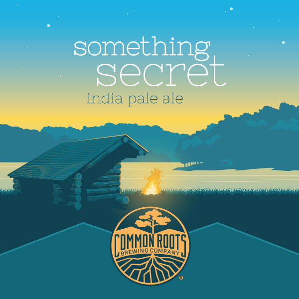 Something Secret label, featuring a twilight lake scene with a log lean-to and firepit.