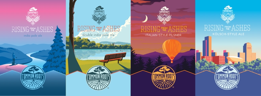 Collage of past year's rising from the ashes labels
