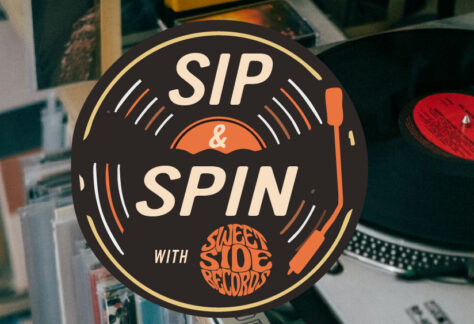 Sip & Spin logo over stock photo record player