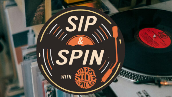 Sip & Spin logo over stock photo record player