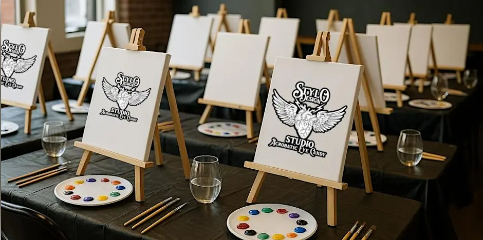 easels with paint and logo